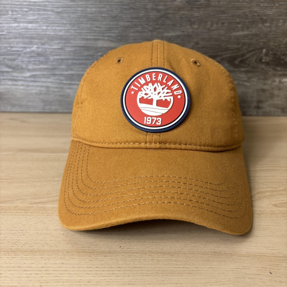 Timberland Hat Cap Snap Back Brown Wheat Canvas Patch Tree Logo 1973 Mens Twill